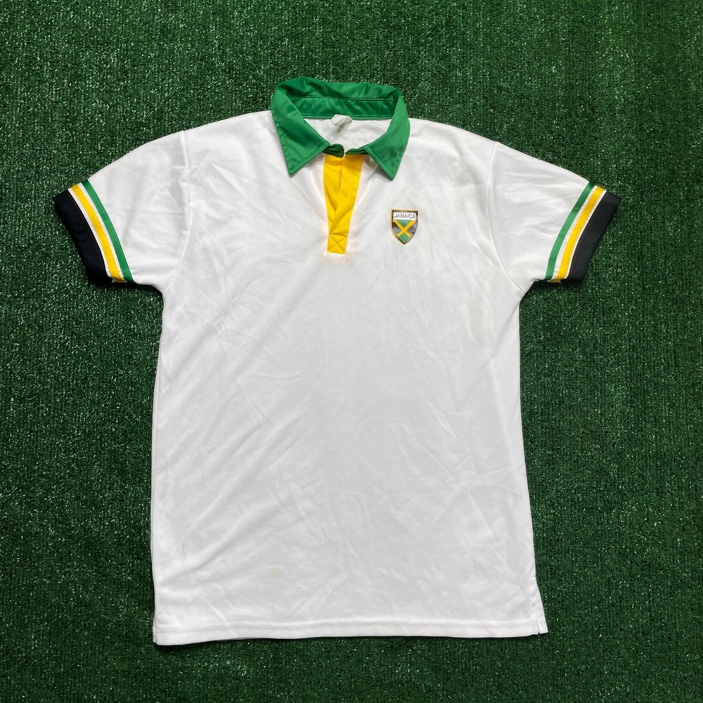 White Jamaica Polo Shirt with Green and Yellow Accents
